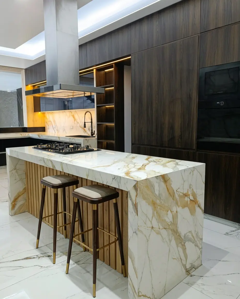 Cocina con isla central y banquitos