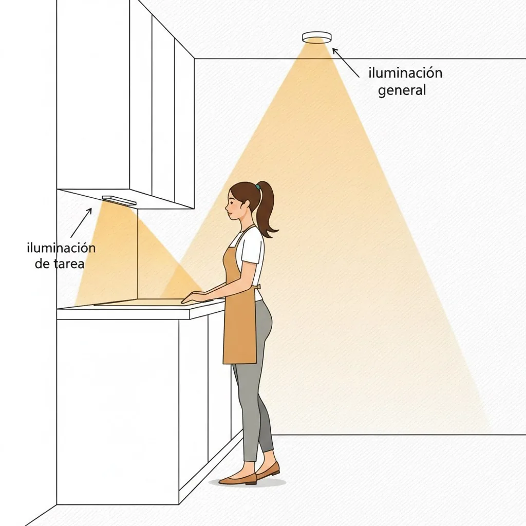 Diagrama de iluminación general y de tarea en cocina
